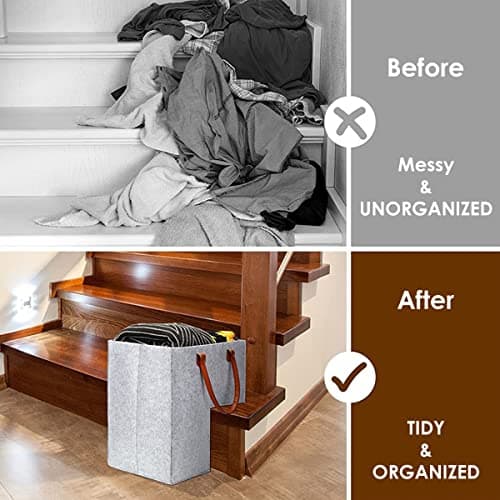 Keyohome Foldable L-shape Stair Basket Organiser, Large Stair Storage Organizer, Large Stair Tidy Basket Storage, Felt Stair Storage Bag with Faux Leather Handles for Laundry Toys Household (Grey) — view 3