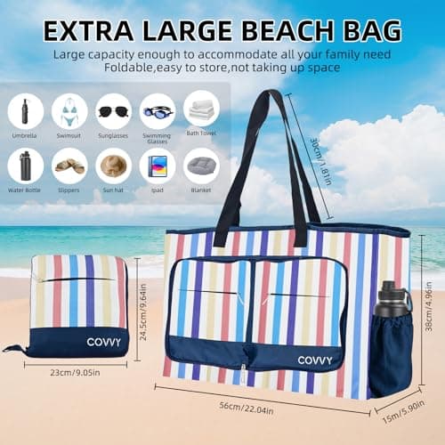 COVVY Beach Bag, Extra Large Women Tote Bag with Zipper Closure, Waterproof Phone Case,Bottle Opener, Multiple Pockets, Water Resistant Sandproof Foldable Lightweight Shoulder Bag for Vacation,Travel — view 2