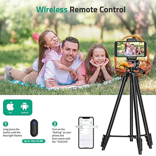 Lightweight Tripod 55-Inch/135cm, Video/Phone/Light Camera Tripod Stand with Wireless Remote Shutter, Phone Clip, Carry Bag for Travel/YouTube Video/Photography/Vlog, Compatible with iOS & Android — view 6