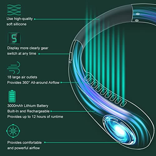 Neck Fan, Portable Neck Fans Rechargeable, 5 Speeds USB Personal Bladeless Fan 3000mAh Battery, Wearable Hands-Free Cooling Fan for Men & Women, Leafless Hanging Mini Fans for Outdoor Travel (Green+) — view 2