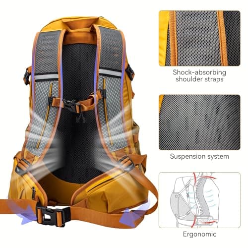 Waterproof Hiking Backpack, 40L Camping Backpack with Rain Cover, Large Outdoor Sport Travel Daypack for Men Women, Yellow — view 4