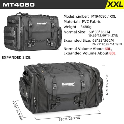 Rhinowalk Motorcycle Tail Bag, Expandable Motorcycle Travel Luggage Bags 80L, Waterproof All-Weather Trunk Rack Bag with Sissy Bar Straps & Helmet Rain Cover-Black — view 2