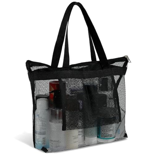 Mesh Shower Bag, Shower Caddy Portable Mesh Tote Bag with Zipper, Quick Dry Hanging Bath and Toiletry Organizer for College Dorms, Gym, Beach, Camping, Swimming, Yoga and Travel (1Pcs, Black)