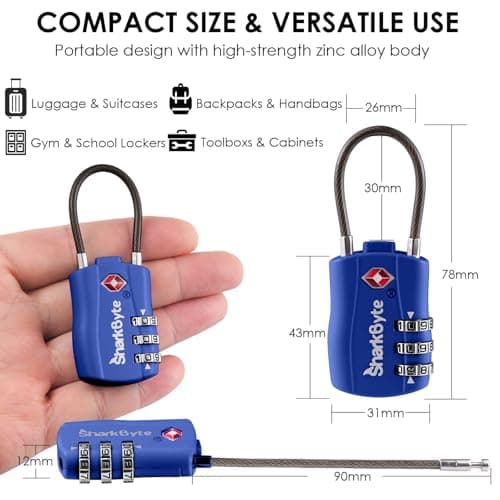 SharkByte TSA Approved Luggage Locks - 3-Dial Security Travel Combination Padlocks with Tags, Flexible Cable Wire Travel Locks for Suitcases, Gym Bags & Small Suitcases (3 Pack) — view 4