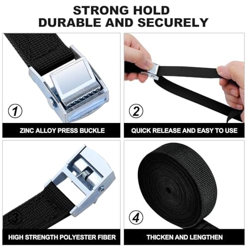 URAQT Tie Down Straps, 4 Pack Heavy Duty Tensioning Belts, 4M Adjustable Cargo Straps Ratchet Straps for Motorcycle, Cargo, Trucks, Trailer, Luggage, 250kg Loading Capacity, Quick Release (Black) — view 3