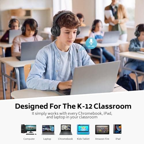 AILIHEN Headphones Wired 12-Pack Bulk for School Students Kids K-12 Classroom，Adjustable, Foldable, Over-Ear Headsets with Microphone HD Stereo Sound 3.5mm Jack for Chromebook, Laptop (Black) — view 5