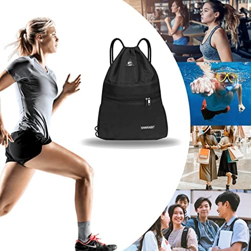 Drawstring Gym Sport Bag String Waterproof Pocket Zipper Sack Backpack for Women Men Travel Kit Bag for Hiking School Students PE Bag Outside Swimming Adult Beach Holidays (Black) — view 6