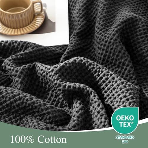 CHUFFED 100% Cotton Waffle Blanket Bed Throw Single Size-Throw Blanket for Bed Sofa Travel-Soft Lightweight Breathable Blankets and Throws for All Season Charcoal Throw 130x150cm — view 2