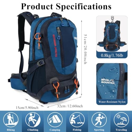 Hiking Backpack 35L, Waterproof Travel Rucksack with Shoe Compartment, Blue — view 2