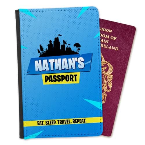 EnvyFone Personalised Passport Cover Holder - Gamer Design - Eat Sleep Travel Repeat - Boys Girls - Childrens Kids - Gift for Gamers - Holiday Travel Accessory Gift - Blue or Pink — view 4
