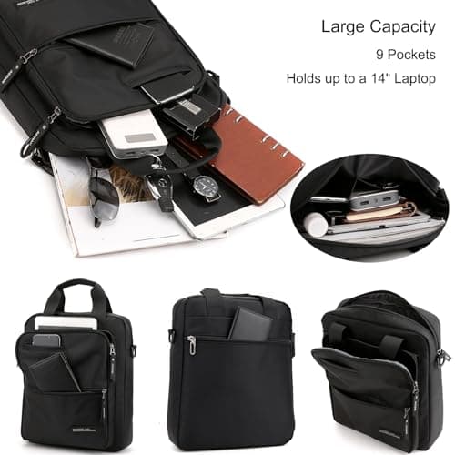 zhongningyifeng Men's 14-inch Laptop Messenger Bag Nylon Large Shoulder Bag Business Waterproof Casual Black Crossbody Bag for Work Travel Outdoor — view 3