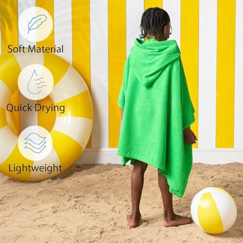 Brentfords Childrens Beach Towels Poncho, Oversized Beach Towel Kids Poncho Towel for Swimming Beach Pool Travel Kids Changing Robe Hooded Towel Lightweight Privacy, Neon Green — view 3