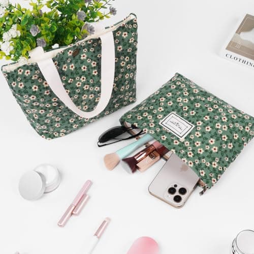 Aucuu Floral Canvas Cosmetic Bags, 2 Pcs Rose Flower Printing Corduroy Toiletry Bag, Multifunctional Travel Makeup Bag With Metal Zipper for Women Girls Gift - Green Flower — view 6