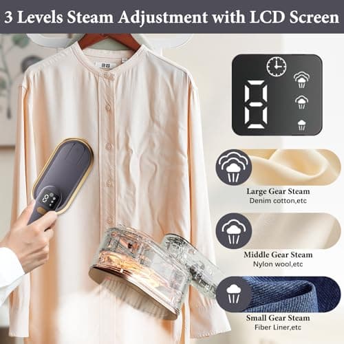 Steam Iron Travel Steamer with LCD Screen, 10S Fast Heat-up 2000W Steamer Clothing with 180° Rotatable Handle, Portable Handheld Clothes Steamer, 3 Steam Levels for Travel, Home, Office (Grey) — view 3