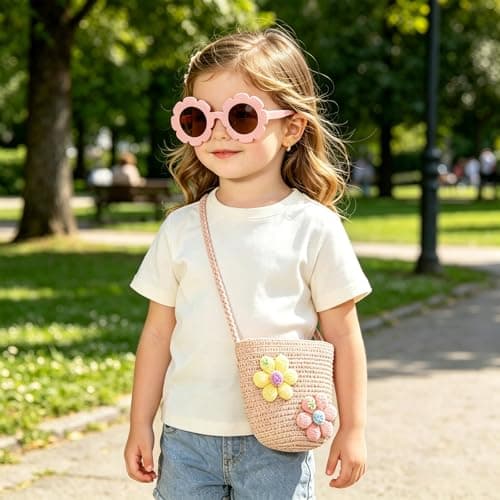 FOSDICK Straw Crossbody Bag With Girls Sunglasses, Small Straw Bag, Woven Straw Beach Bags, Summer Bags for Girl, Floral Holiday Handbag Daily Use, Travel, Beach and Outdoor Activities (Pink) — view 3
