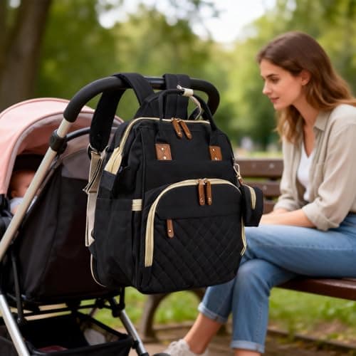 Minifactory Baby Changing Backpack with Changing Mat, Large Capacity Nappy Bag Backpack with 14 Organised Pockets, Waterproof Diaper Bag, Insulated Bottle Holder, USB Charging Port (Black) — view 2