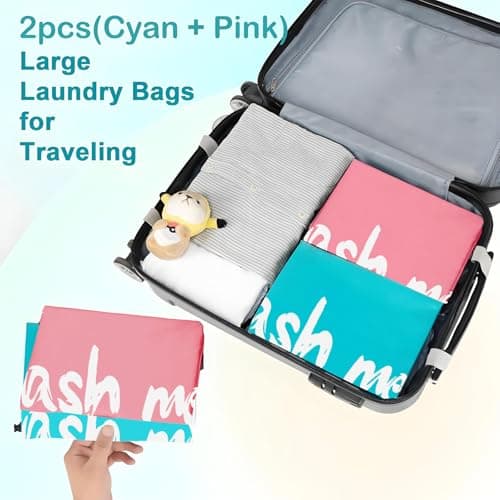 2 Pack Large Laundry Bags,24"" x 36"" Portable Travel Laundry Bag with Drawstring Cord,Travels Laundry Bags for Dirty Clothes, Ideal for Travel, Home, Dormitory (Smile(Cyan + Pink)) — view 5