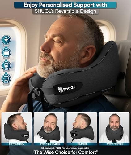 SNUGL Travel Pillow – Memory Foam Neck Pillow for Travel – Support Cushion for Airplane with Carry Bag & Clip - Holiday Essentials (Dark Grey - Adult Regular) — view 3