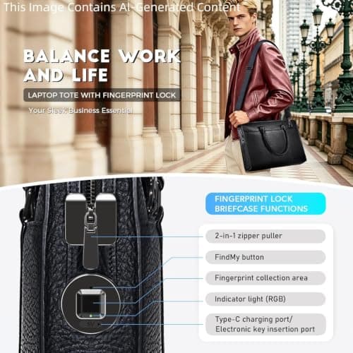 BBMars Leather Briefcase Anti-Theft Bag with Fingerprint Lock for Men,Black — view 4