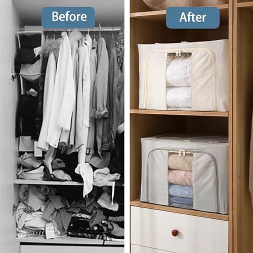 Goesort 3 Pack Clothes Storage Boxes with Steel Frame Support, 22L Moving Bag Wardrobe Storage Organiser Packing Boxes for Moving House with Clear Windows for Towel Duvet Sweater Bedding, Grey — view 6