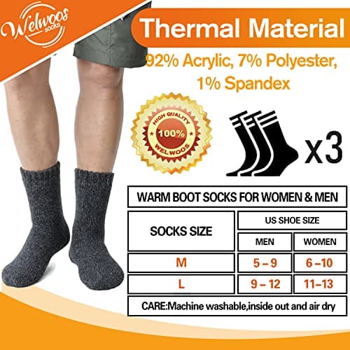 Welwoos Heated Thermal Socks for Women Winter Warm Ski Thick Boot Insulated Gift Socks Stocking Fillers for Women 3 Pairs (Dark Grey,M) — view 6