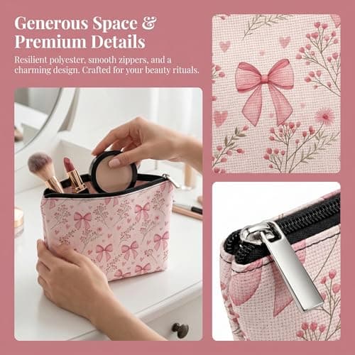 Pink Bow Make up Bag for Women Girls, Cute Coquette Makeup Bags with Zipper, Sweet Lovely Heart, Bow & Floral Preppy Makeup Pouch, Stylish Travel Toiletry Bag Gifts for Womens Teenage Girls — view 3