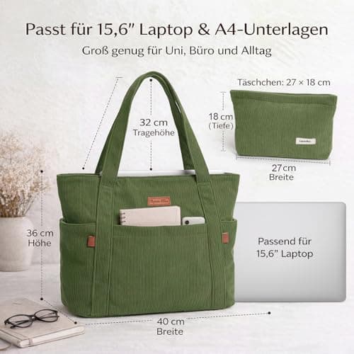 Captain Blues Tote Bag for Women with Zip, Large Capacity Work Bag with Compartments & Pockets, Soft Cotton Lining, for College, Teacher, Uni, School, Travel, Shopping (Green) — view 3