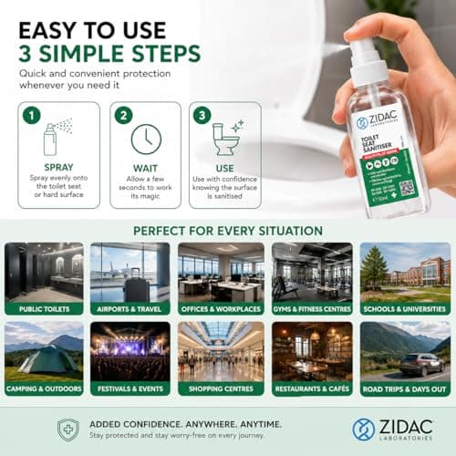 Zidac Toilet Seat Sanitiser Spray 50ml, Pocket/Handbag Size Toilet Cleaner, 70% Ethanol Portable Bathroom Hygiene Spray for Public Toilets, Outdoor Toilets, Travel, Camping, Work, School & On The Go — view 6