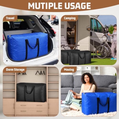 Abbylike 12 Pack 26gal/100l Extra Large Moving Bags Bulk Heavy Duty Space Saving Oversized Duffle Storage Tote Bags with Handle and Zippers for Travel Blanket Clothes Quilt(Black Blue) — view 6