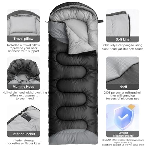 BISINNA Sleeping Bag with Pillow - 4 Season Lightweight Waterproof Warm Sleeping Bag with a compression sack for Adults, Women, Men's Outdoors Camping, Hiking (Black, 4 Season Right Zipper) — view 3