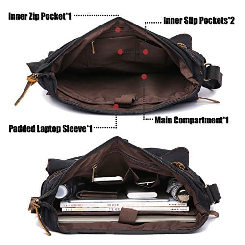 LOSMILE 15.6" Laptop Shoulder Bag, Men's Messenger Bags, Vintage Canvas Bag for School and Work, Satchel Bags, Large Size.(Black) — view 5
