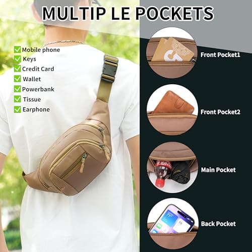 GERIINEER Bumbags Waist Fanny Pack for Women Ladies Men Waterproof Unisex Bum Bag for Dog Walking Running Traveling Cycling Hiking Outdoor Sport (Khaki) — view 3
