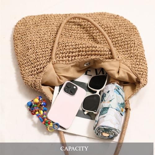 Beach Bags for Women Summer Travel Tote Shoulder Bag Straw Knitted Fashion Handbags (Red) — view 4