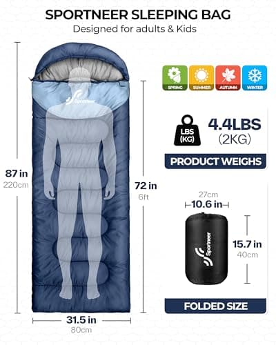 Sportneer Sleeping Bags for Adults - Kids Sleeping Bag 3-4 Season Lightweight Backpacking Sleeping Bag Cold Weather & Warm, Compact, Single Adult Girls Boys Camping Sleep Bag, 220×80cm, 2kg — view 2
