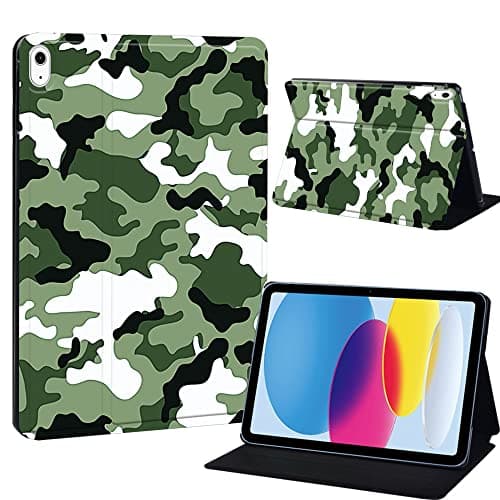 Printed iPad 10th Gen Case - Slim Hard Back Cover with Smart Stand, 10.9" (Green Camouflage)
