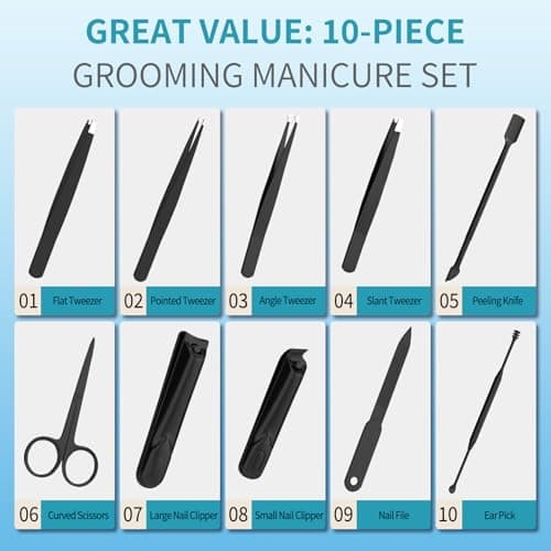 ESSBES Manicure Set 10 in 1 Stainless Steel Nail Clippers Scissors Tweezers Grooming Kit with Travel Case (Black) — view 3