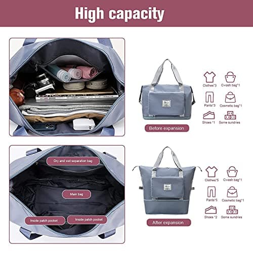 YAMEE Large Capacity Folding Travel Bag, Lightweight Waterproof Carry on Luggage Bags with Fixed Strap, Dry and Wet Separation Foldable Duffel Bag for Weekender Overnight Sports Gym (Blue), One Size — view 3