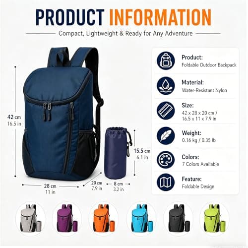 NWDEY Lightweight Foldable Backpack, Waterproof Small Rucksack with Flip Top Main Compartment, 160g Packable Casual Daypack for Men Women Kids, Perfect for Hiking Camping Travel Cycling (Navy Blue) — view 2