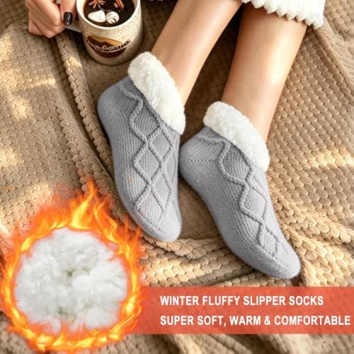 RJVZVEJH Fluffy Slipper Socks Women, Knitted Thick Cosy Non Slip Gripper Socks with Soft Warm Lined for Winter Home Floor Bed — view 3