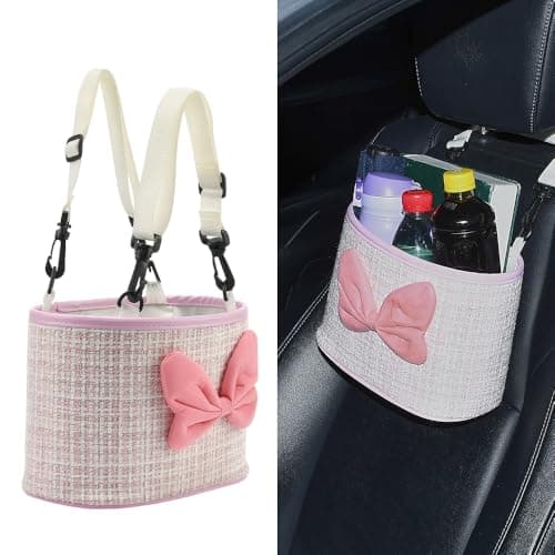 JSCARLIFE Car Seat Back Hanging Bag,PU Leather Car Back Seat Organizer Hanging Cotton and linen fabric Car Storage Box Travel Tidy Pouch Pocket Car Trash Can for Most Vehicles (Pink)