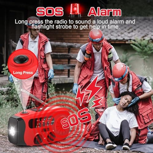 Wind Up Solar Radio, Emergency Radio, Portable Hand Crank Radio, AM/FM Radio with LED Torch, 7400mWh Rechargeable Power Bank, SOS Alarm, USB Phone Charger, Emergency Use for Camping Hiking (Red) — view 5