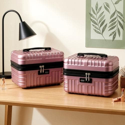 FERNVALE 2-Pack Travel Suitcase Cosmetic Box Lightweight Portable Makeup Case Retro Hand Luggage Organizer Small Carry On Boarding Travel Case with Password Lock for Business Trip Vacation Rose Gold — view 5