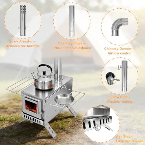 unho Hot Tent Stove Wood Burning Camping Stove With Chimney Kit — view 5