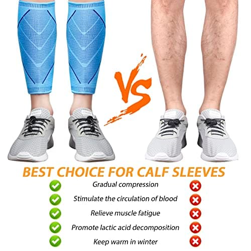 Calf Compression Sleeves for Women & Men 2 Pack Elastic Calf Support Footless Socks Ventilation Calf Brace for Pain Relief, Sports Recovery, Cycling, Travelling, Gym Calf Guards (Blue, L) — view 3