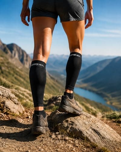 COPPER HEAL Calf Copper Compression Sleeves (Pair) Sport Muscle Strains Shin Splints Leg Socks Guard Running Marathon Soccer Rugby Tennis Golf Maternity Flight Gym Work — view 6