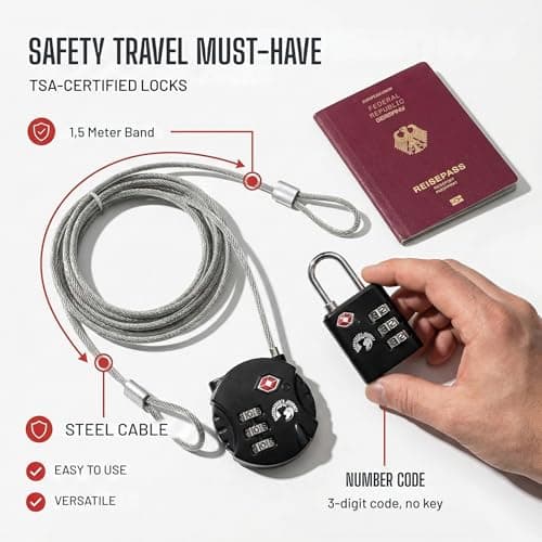 Backpacker's Journey TSA Lock Set with 1.5 m Steel Cable - Combination Locks for Rucksack, Suitcase and Bags — view 4