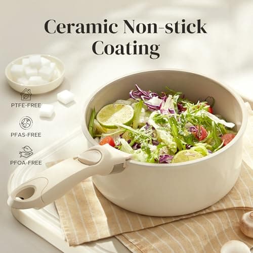 Redchef Ceramic Saucepans Set 16/18/20 cm with Removable Handle, Pot Set Induction Safe, Non-Stick, Space Saving, Stackable Design, PFAS PFOA & PTFE Free (Beige) — view 2