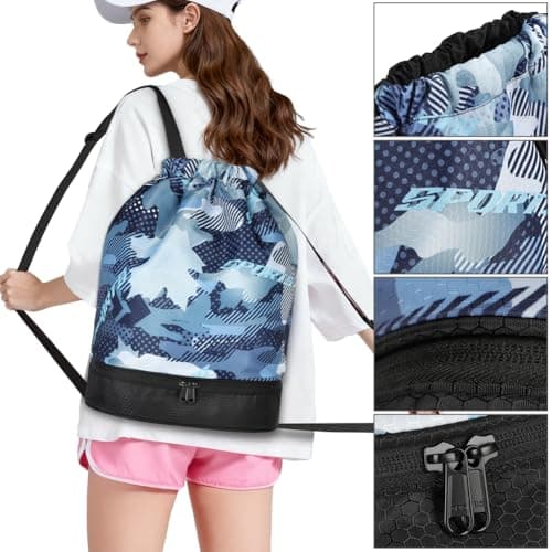 DiULi Drawstring Gym Bag,Water-Resistant Swimming Bags with Internal Waterproof Pocket & Adjustable Strap, PE Bags Drawstring for Travel and Swimming Yoga Outdoor School Sports — view 3