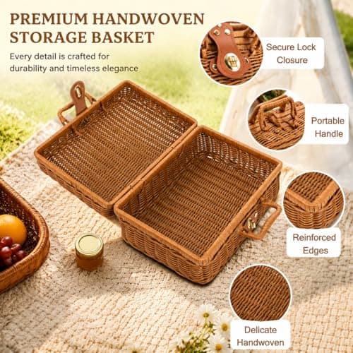 Covzoe Wicker Picnic Basket, 11.8" Small Rustic Rattan Suitcase with Handle — view 4