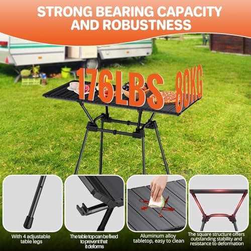 FUNYKICH Aluminum Roll Up Camping Table(89x40cm), 4 Height Adjustable Ultralight Folding Camp Table Up to 70cm, Portable Folding Table with Carry Bag for Camping, Picnic, BBQ, Party, Backyard, Beach — view 3